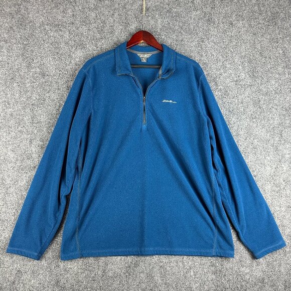 Eddie Bauer Sweater Mens TXL Fleece 1/4 Zip Blue Pullover Long Sleeve Logo